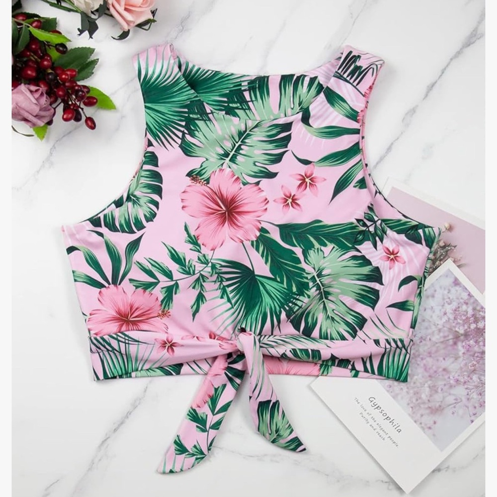 Floral Pink and Green Women's Crop Top